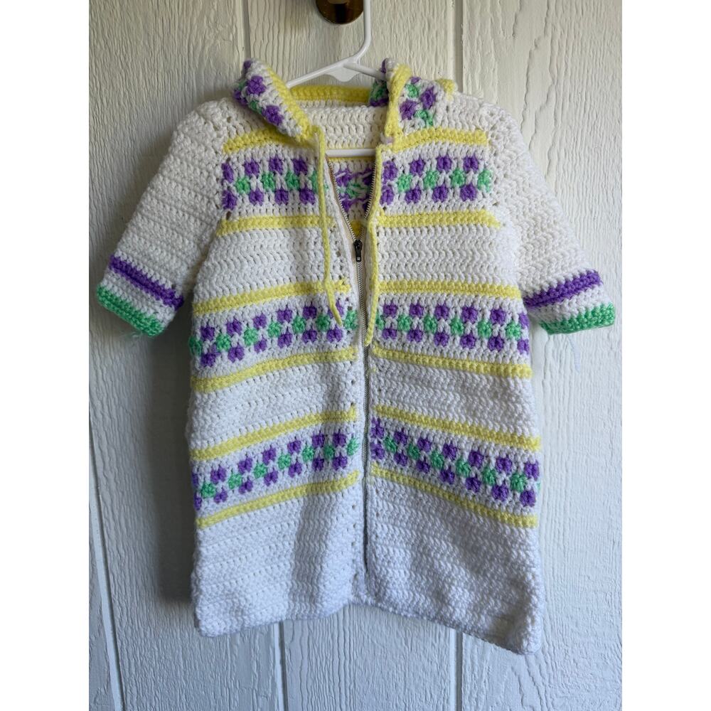 Vintage Handmade Crochet Hooded Sweater Coat Children's Zip Front